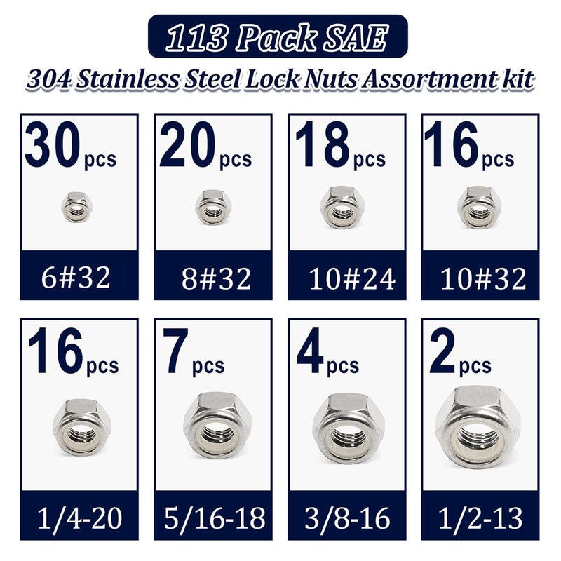 ZQZ 113 Pack Lock Nuts Assortment Kit, 6#32 8#32 10#24 10#32 5/16-18 3/8-16 1/2-13 1/4-20 SAE Nylon Insert Hex Locknuts Sets, 304 Stainless Steel Standard Inch Threaded Nylock Nuts - Image 2